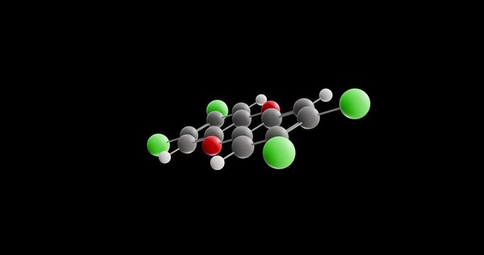 2,3,7,8-Tetrachlorodibenzo-p-dioxin molecule, rotating 3D model of dioxin, looped video on a black background
