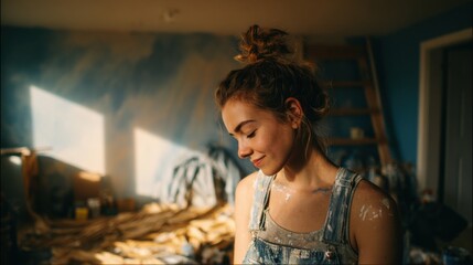Photojournalistic style, a young woman with her hair in a messy bun, wearing paint-splattered overalls, rolling light blue paint onto a large living room wall. 