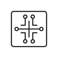 Fototapeta premium Minimalist circuit board line icon. Abstract technology symbol representing network connection, data pathway, and microchip. 