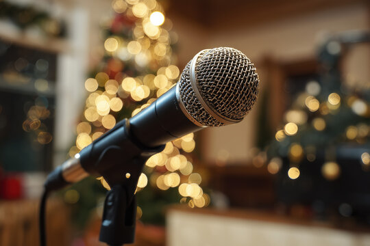 microphone with blurred christmas tree in the background