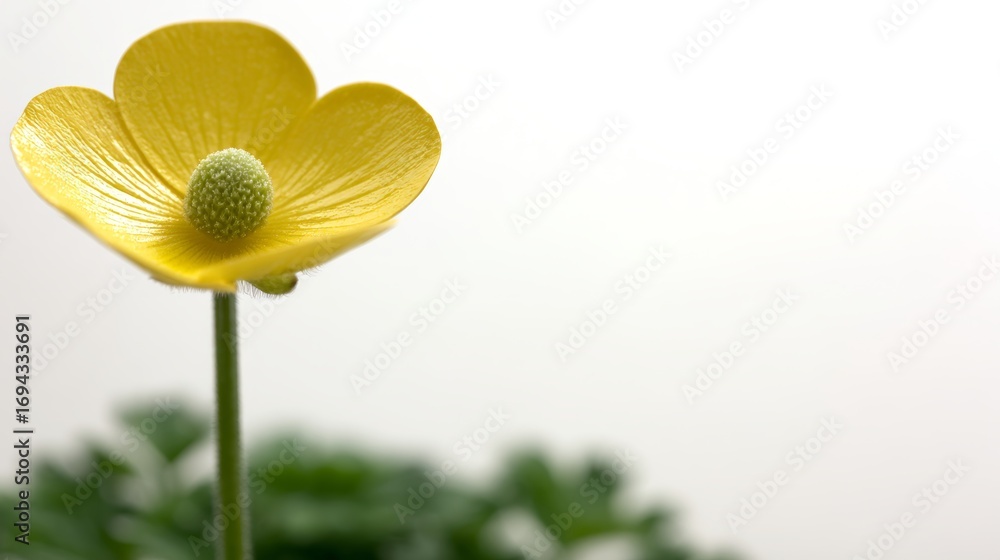 Poster bright yellow buttercup flower captured in a macro view with natural lighting against a smooth white