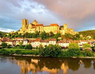 Obraz premium Medieval fortress town at sunset