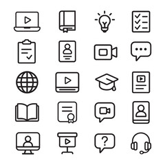 Vector set of education icons. Online learning, e-learning, video lessons, graduation, webinar, chat, books, diploma, presentation and communication symbols for school, university and courses