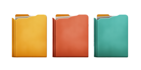 Three Colorful Digital Folders in Yellow, Red, and Teal blur isolated on a transparent background