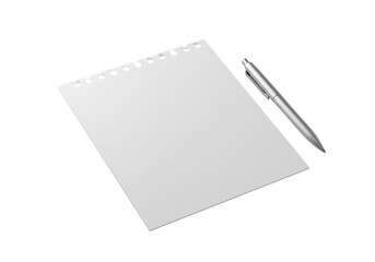 A pristine, textured white paper sheet with a perfectly torn perforated edge, angled at 45 degrees, alongside a sleek silver pen on a transparent background, minimalist elegance concept