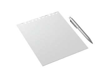 A pristine, textured white paper sheet with a perfectly torn perforated edge, angled at 45 degrees, alongside a sleek silver pen on a transparent background, minimalist elegance concept