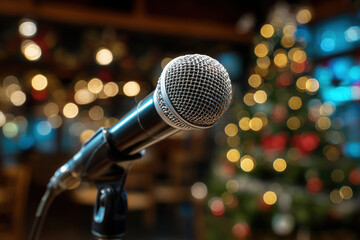 microphone with blurred christmas tree in the background