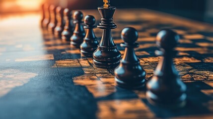 Black chess king leads pawns; strategic game, leadership concept