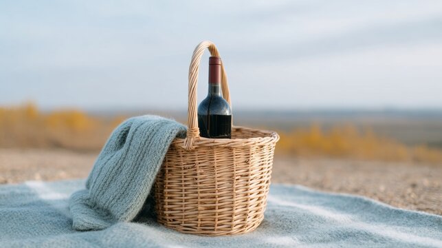 Cozy wicker basket cradling rich wine bottle and snug blanket, symbolizing Hygge vibes and National Wine Day escapade