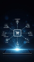 Ecommerce concept digital tablet glowing with shopping cart icon connected to procurement shipping customers promotions global and settings representing online retail innovation