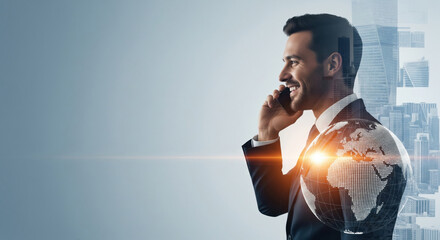 Businessman in suit smiling while talking on mobile phone, with cityscape and digital globe overlay, representing global business communication and modern technology concepts