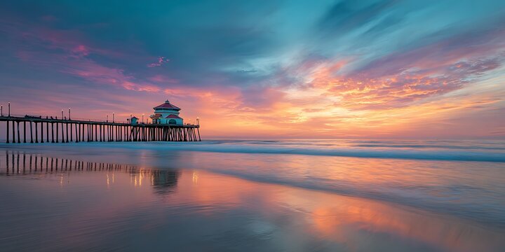 Serene Coastal Vista: Huntington Beach Pier at Sunset in California USA. - Powered by Adobe