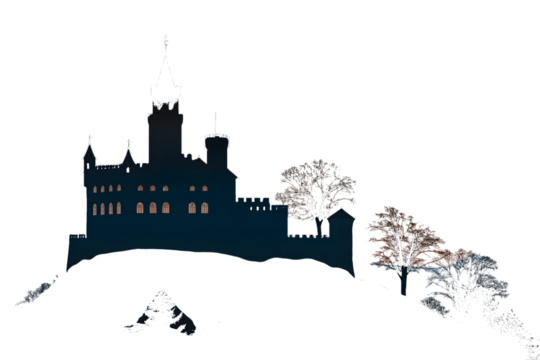 Silhouette of a castle on a hill at night with illuminated windows and trees dark PNG Transparent background