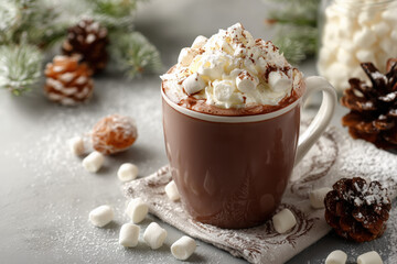 hot cocoa with whipped cream and marshmallows in a mug, festive christmas setting