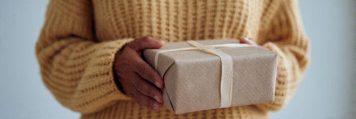 A cozy-sweatered hand offers a minimalist wrapped gift, whispering Yule nostalgia and enigmatic Hygge celebrations