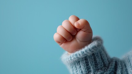 Close-up of a baby's hand, specifically the index finger. the hand is held up in a fist-like position, with the fingers slightly curled and the thumb and index finger pointing upwards.