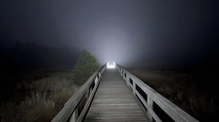 Fototapeta premium Misty wooden boardwalk under moonlit enigma, dreams of Samhain whispering through spectral night, luminescent journey to nowhere