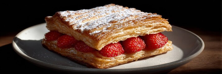 Succulent strawberry puff pastry dusted with whimsy, celebrating Lammas Day and indulgent fika moments, flaky layers whispering secrets