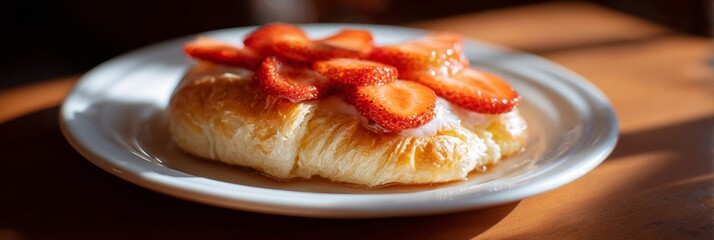 Croissant topped with sunlit strawberries, harkening French Patisserie Day and the sweet nostalgia of Midsummer's culinary embrace