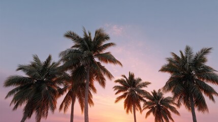 Naklejka premium Gentle palm trees silhouetted against a sherbet sunset sky, evoking Tropical Daydream Festival and Caribana celebrations