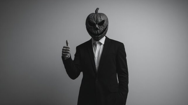 A whimsical figure in a suit dons a menacing pumpkin head, evoking Halloween mischief and the eerie Samhain festival