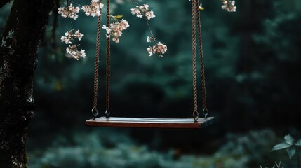 Wooden swing hanging from a tree branch in a forest. the swing is made of wood and has a wooden seat and backrest.