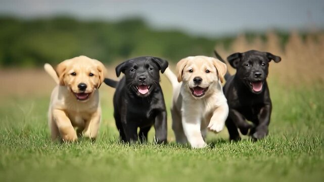 A quartet of joyful puppies, two golden and two black, burst into a run across a green field, their exuberance radiating with uncontained energy and happiness.