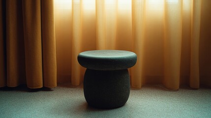 A stout, stone stool basking in amber drapery's glow conjures quiet zen meditation or tranquil Hygge retreat