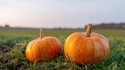 Golden pumpkins rest on dewy grass, whispering autumn's harvest tale, invoking Samhain mystique and cozy Thanksgiving gatherings