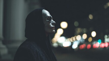 Ethereal figure in moonlit anonymity, urban nightscape musings, spectral shadows, Halloween eve whispers, enigmatic soul, mystic veils