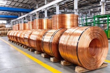 Copper wire coils storing in warehouse, industrial production of copper cable