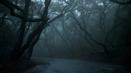 Misty tendrils weave eerie embrace in shadowed forest, evoking Samhain whispers and cryptid folklore for nocturnal wanderers