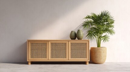 Rattan cabinet whispers serenity, flanked by lush palms, an ode to Earth Day's harmony and Scandinavian simplicity