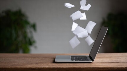 Floating paper escapes a mystical laptop portal, symbolizing National Novel Writing Month, tech-savvy creativity unleashing swirling imagination