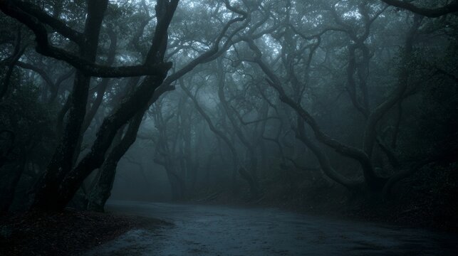 Misty tendrils weave eerie embrace in shadowed forest, evoking Samhain whispers and cryptid folklore for nocturnal wanderers