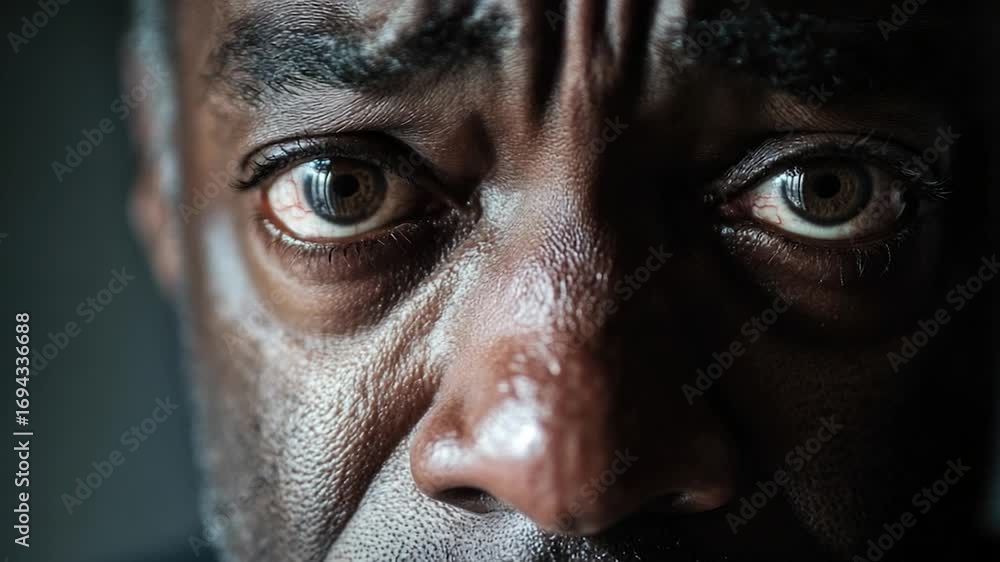 Poster Close-up of a man's face with a stern look, ideal for use in editorial or corporate contexts