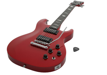 Vibrant, glossy red electric guitar with black headstock, ebony fretboard, chrome tremolo, and black guitar pick, isolated on transparent studio background. Concept of high-quality product design