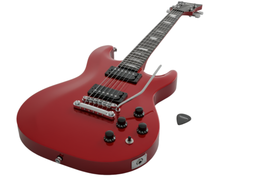 Vibrant, glossy red electric guitar with black headstock, ebony fretboard, chrome tremolo, and black guitar pick, isolated on transparent studio background. Concept of high-quality product design