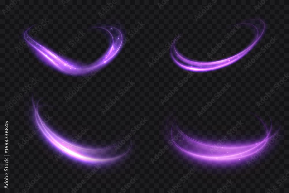 Poster light swirl strike effects with purple glow and bright shine. dynamic arcs of energy for game interf