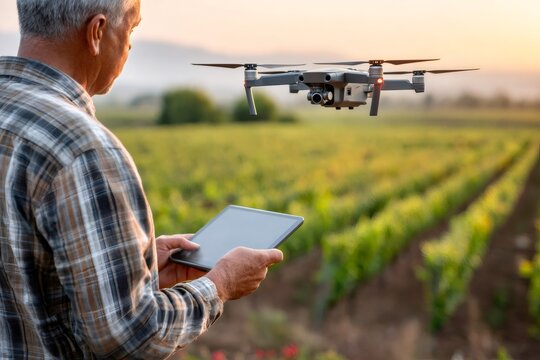 Farmer using drone and tablet for smart agriculture in vineyard at sunset