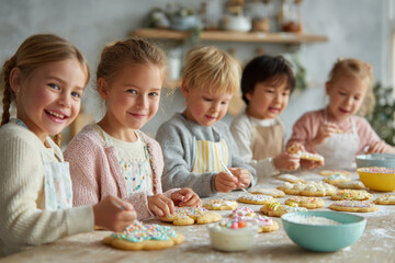 Fototapeta premium joyful scene of happy children decorating cookies with colorful icing in cozy kitchen