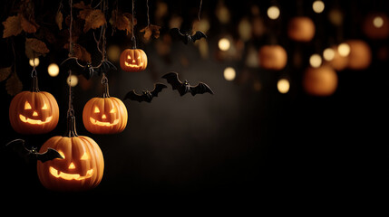 happy halloween hanging pumpkins and bats on black background, free space for text