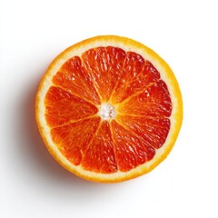 Close up of a vibrant blood orange slice showing its rich crimson flesh and citrus texture on a plain white background