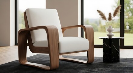 Modern armchair with wooden frame, and home interior.