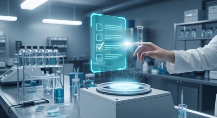 Modern medical research concept with holographic interface and scientist analyzing test tube results.