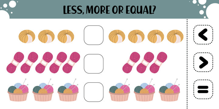 Early math worksheet for kids focused on comparing quantities of yarn balls, skeins, and knitting baskets. A fun, craft-themed activity for teaching less than, greater than, or equal to.
