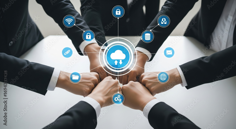 Poster cloud computing teamwork, business collaboration, data security, and digital connection concept with