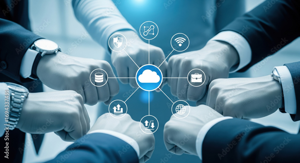 Poster cloud computing teamwork, business collaboration, digital network, technology connection, and innova