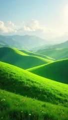 Foto auf Acrylglas Grün Serene landscape of rolling green hills bathed in soft sunlight, evoking feelings of tranquility and restoration  perfect for wellness, nature, and healing themes , serenity, medicine, holistic  © Kamonya