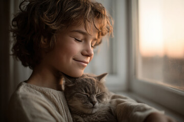 young boy gently strokes cat on windowsill embodying tranquility on peaceful evening